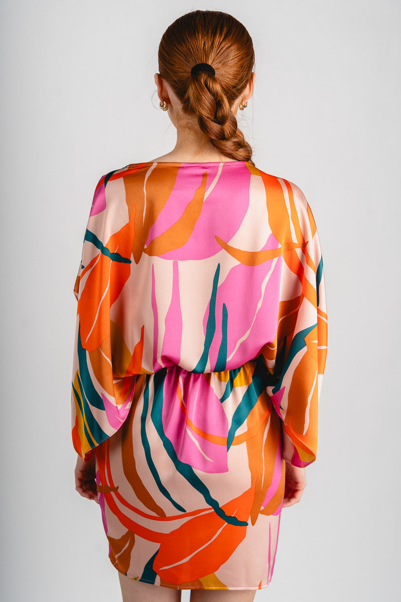 Abstract wrap dress pink multi - Adorable dress - Stylish Vacation T-Shirts at Lush Fashion Lounge Boutique in Oklahoma City