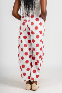 Polka dot barrel jeans white/red | Lush Fashion Lounge: boutique women's jeans, fashion jeans for women, affordable fashion jeans, cute boutique jeans