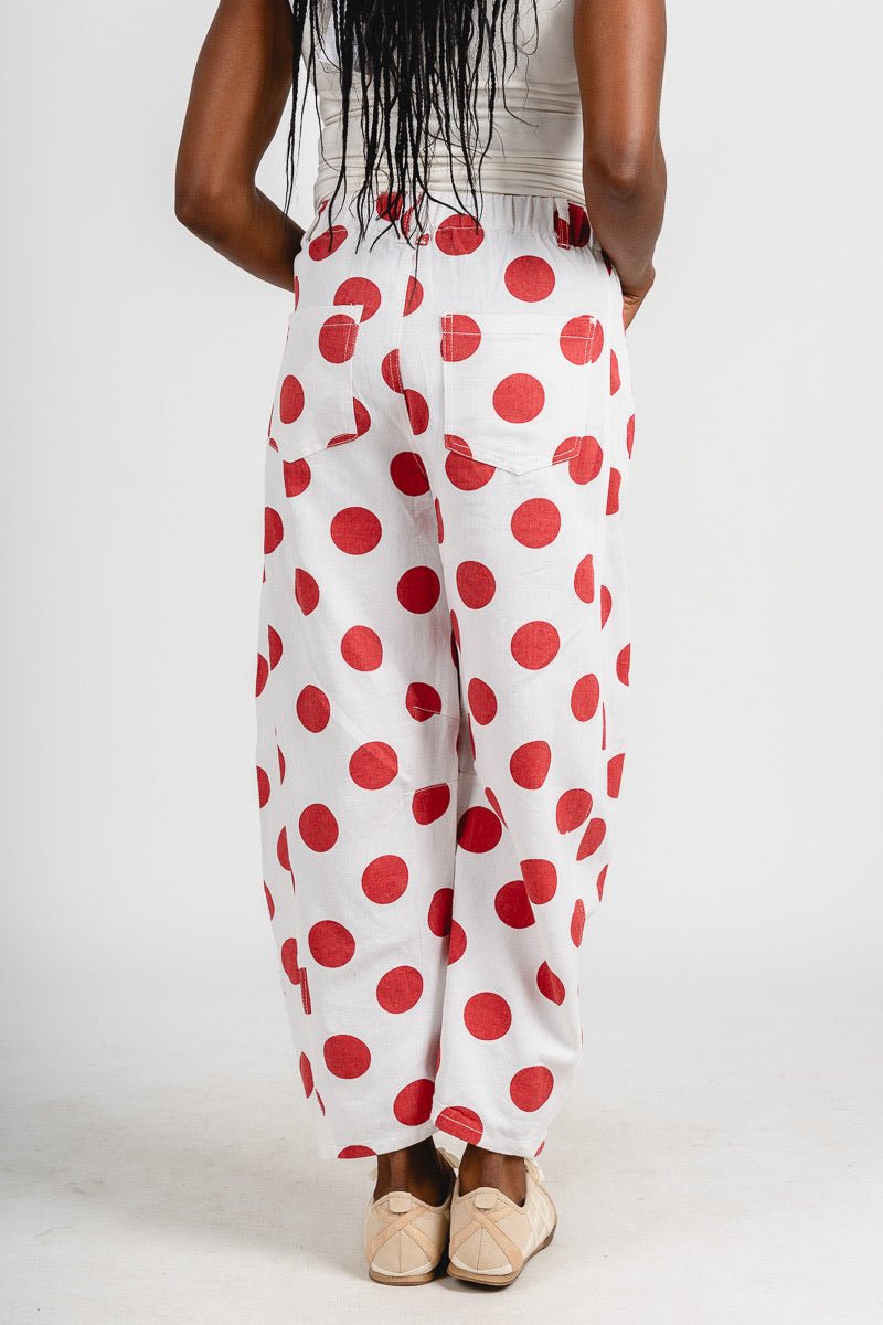 Polka dot barrel jeans white/red | Lush Fashion Lounge: boutique women's jeans, fashion jeans for women, affordable fashion jeans, cute boutique jeans
