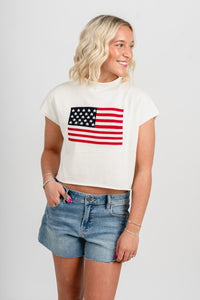 Sleeveless mock neck American flag sweater white - Adorable Sweater - Stylish Patriotic Summer Graphic Tees at Lush Fashion Lounge Boutique in OKC
