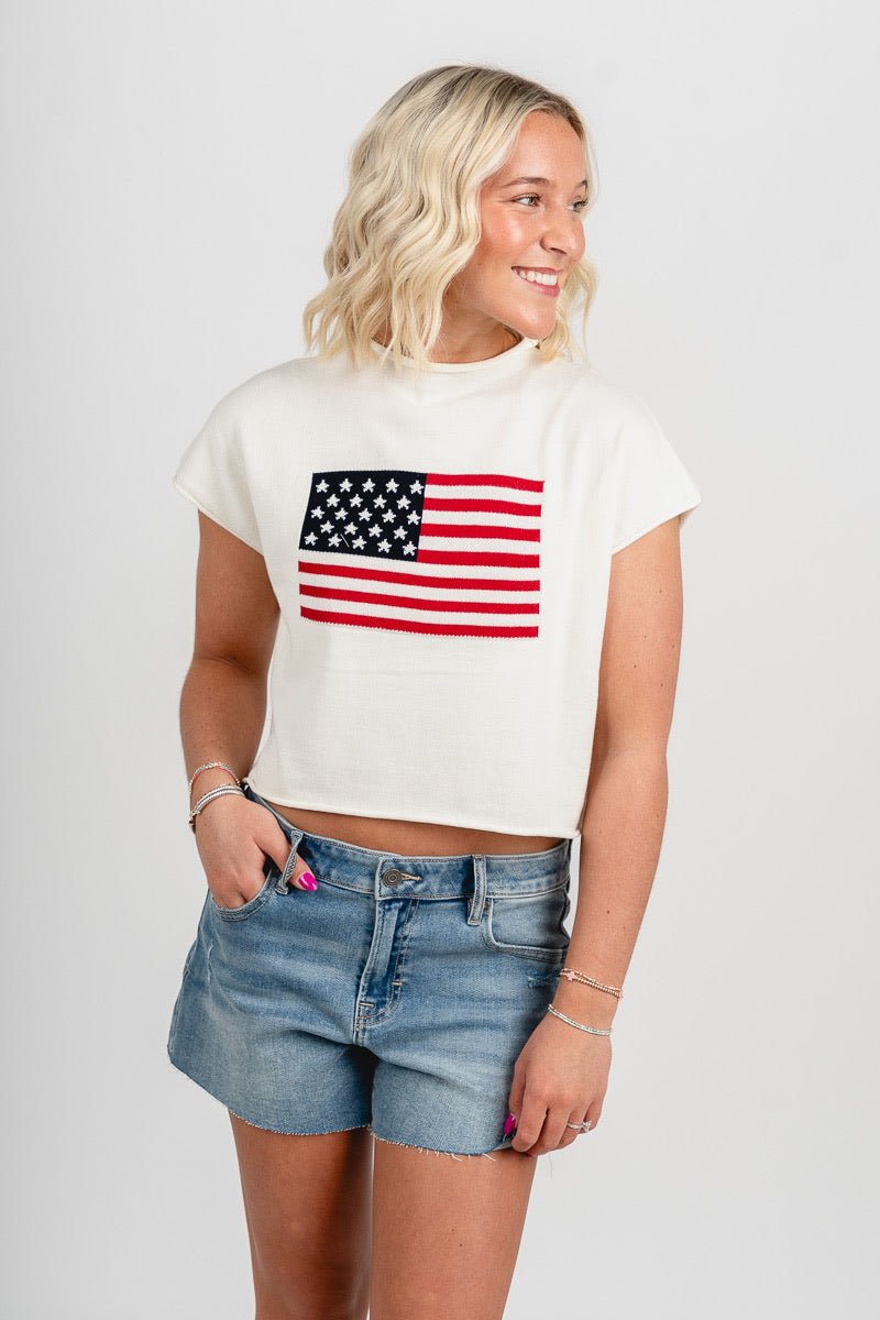 Sleeveless mock neck American flag sweater white - Adorable Sweater - Stylish Patriotic Summer Graphic Tees at Lush Fashion Lounge Boutique in OKC