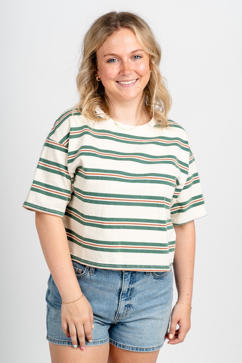 Striped crop tee ivory/green