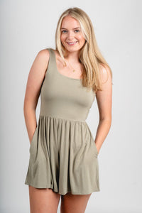 Sleeveless knit romper pale olive - Affordable Romper - Boutique Rompers & Pantsuits at Lush Fashion Lounge Boutique in Oklahoma City