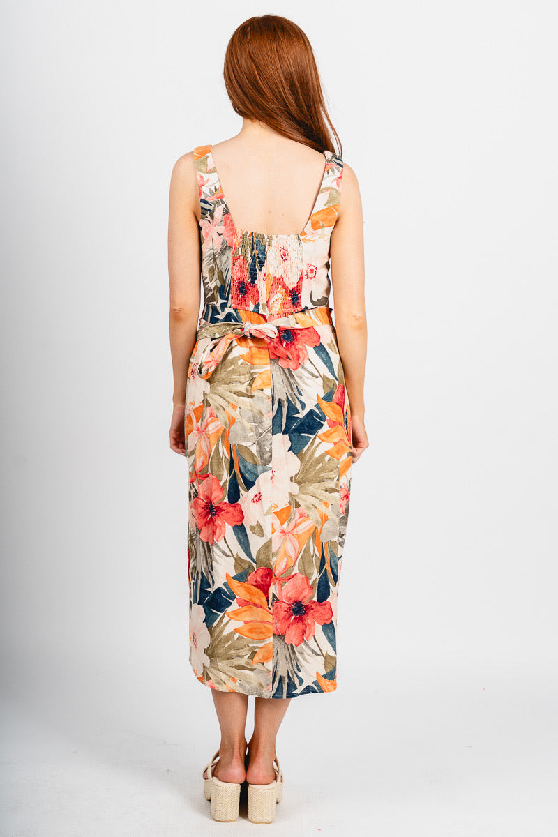 Floral wrap midi dress botanic fresco - Affordable dress - Boutique Dresses at Lush Fashion Lounge Boutique in Oklahoma City