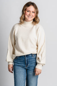 Mock neck balloon sleeve sweater almond milk – Stylish Sweaters | Boutique Sweaters at Lush Fashion Lounge Boutique in Oklahoma City