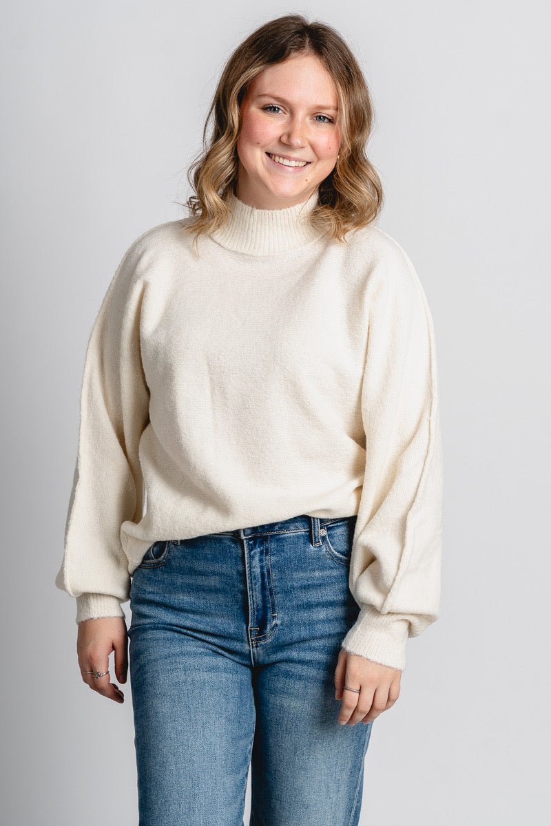 Mock neck balloon sleeve sweater almond milk – Stylish Sweaters | Boutique Sweaters at Lush Fashion Lounge Boutique in Oklahoma City