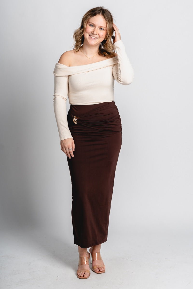 Ruched maxi skirt espresso | Lush Fashion Lounge: boutique fashion skirts, affordable boutique skirts, cute affordable skirts
