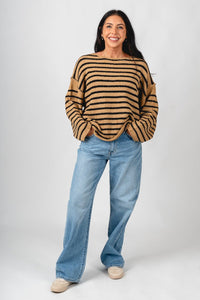 Striped oversized sweater sand/black – Unique Sweaters | Lounging Sweaters and Womens Fashion Sweaters at Lush Fashion Lounge Boutique in Oklahoma City