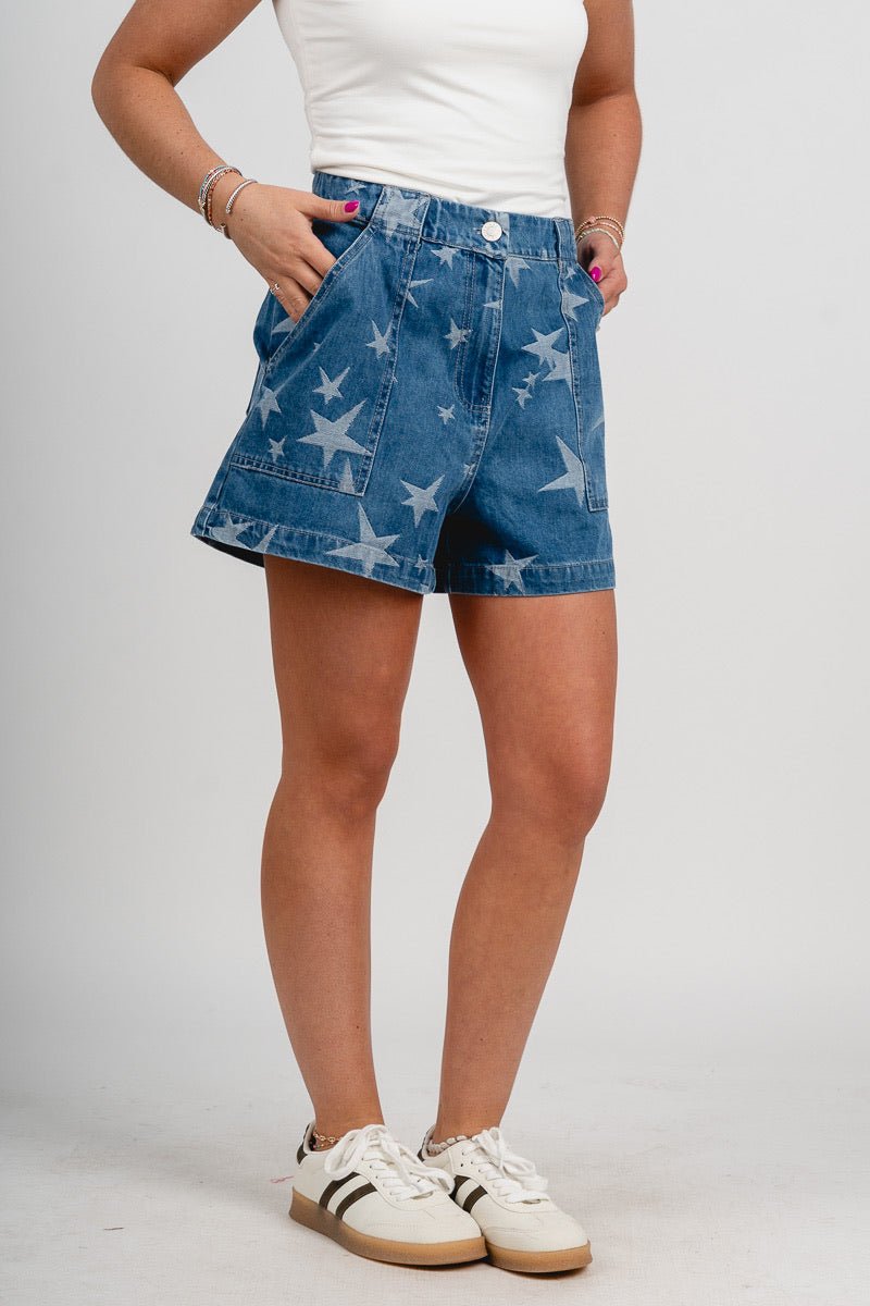 Star denim shorts blue - Cute Shorts - Fun American Summer Outfits at Lush Fashion Lounge Boutique in Oklahoma City