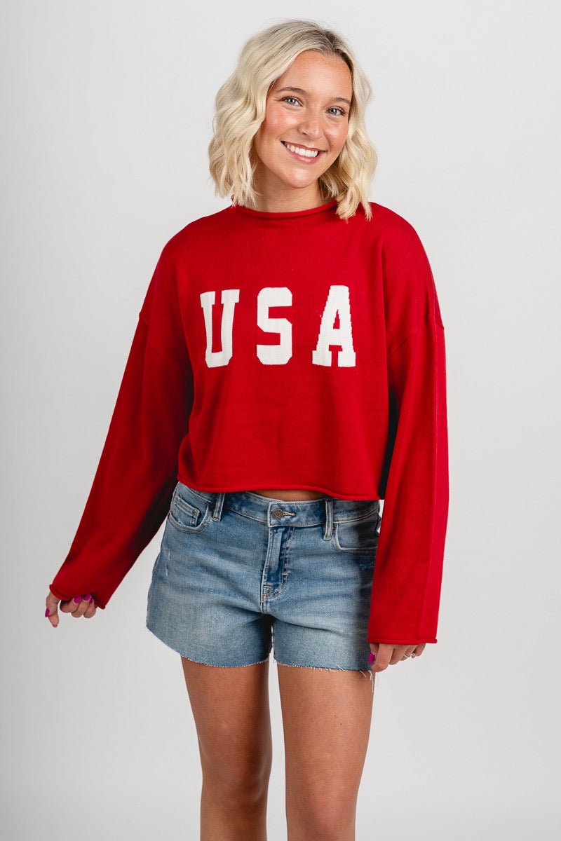 USA mock neck sweater red - Trendy Sweater - Cute American Summer Collection at Lush Fashion Lounge Boutique in Oklahoma City