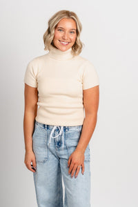 Short sleeve turtleneck sweater cream – Boutique Sweaters | Fashionable Sweaters at Lush Fashion Lounge Boutique in Oklahoma City