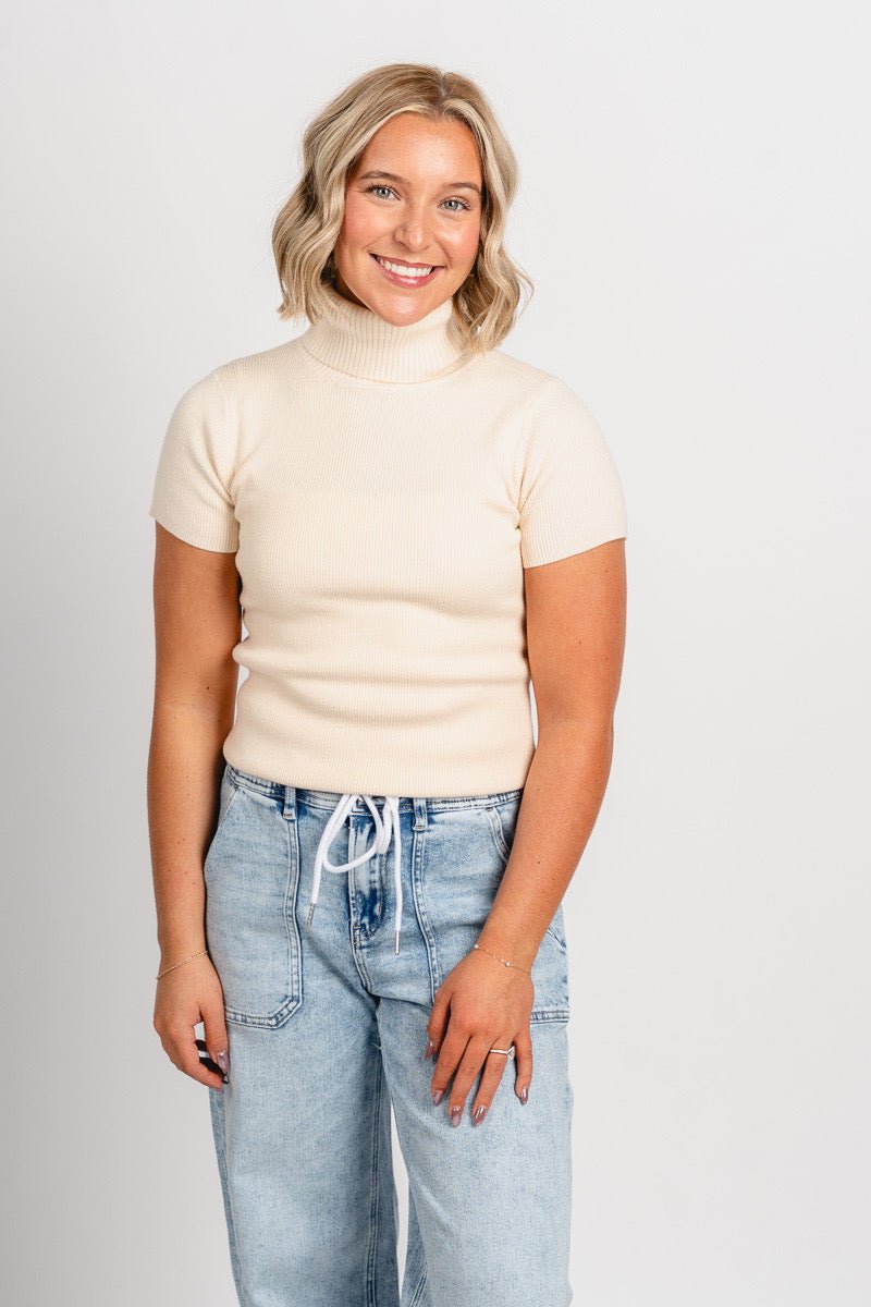 Short sleeve turtleneck sweater cream – Boutique Sweaters | Fashionable Sweaters at Lush Fashion Lounge Boutique in Oklahoma City