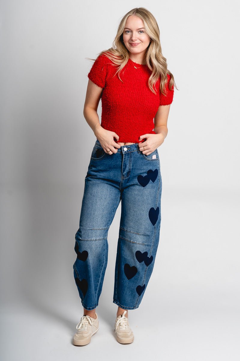 Short sleeve fuzzy sweater red - Trendy Valentine's T-Shirts at Lush Fashion Lounge Boutique in Oklahoma City