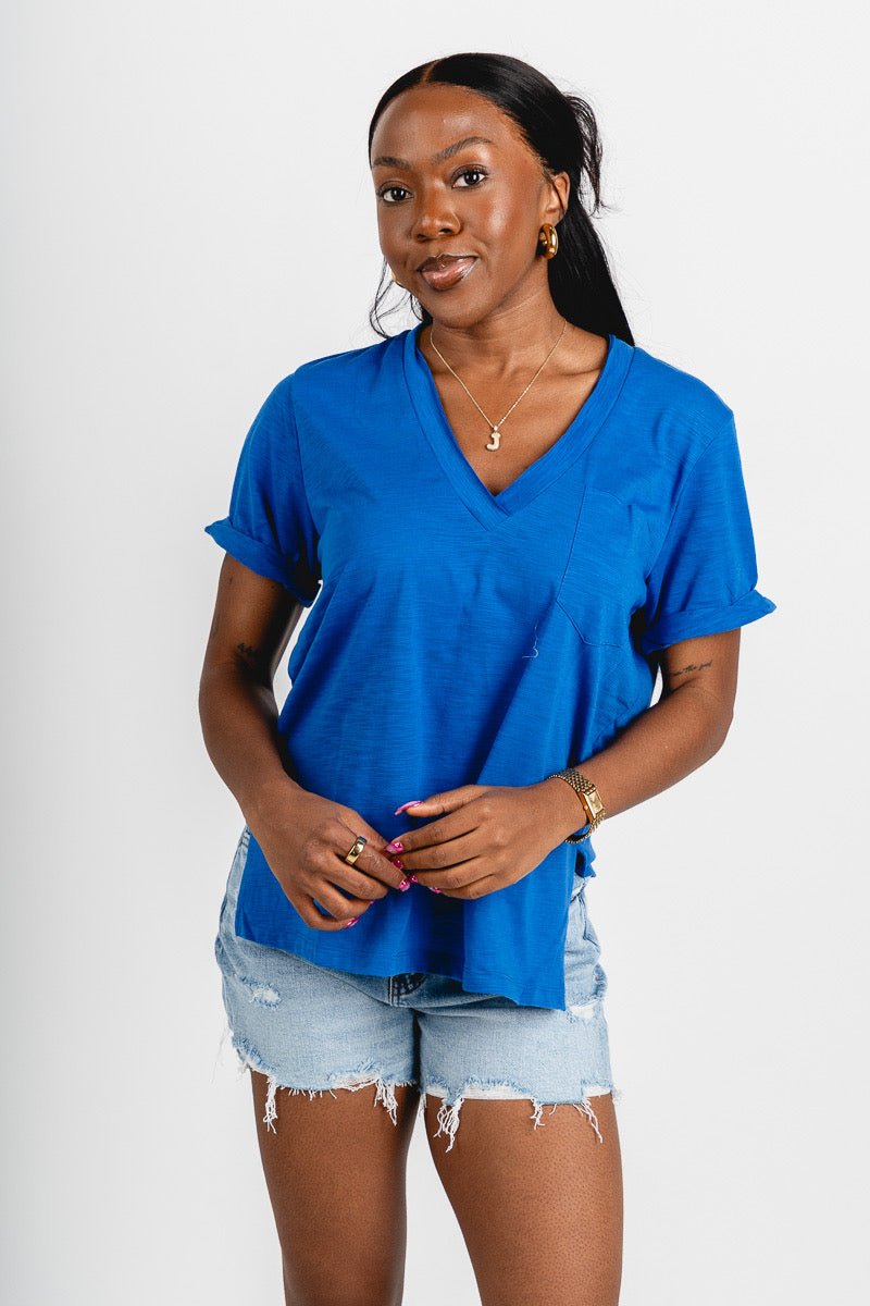 V-neck short sleeve t-shirt cobalt - Trendy Oklahoma City Basketball T-Shirts Lush Fashion Lounge Boutique in Oklahoma City