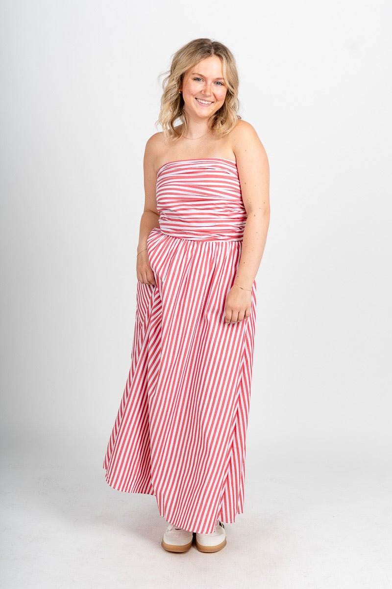 Strapless striped midi dress red/white - Trendy dress - Fashion Dresses at Lush Fashion Lounge Boutique in Oklahoma City
