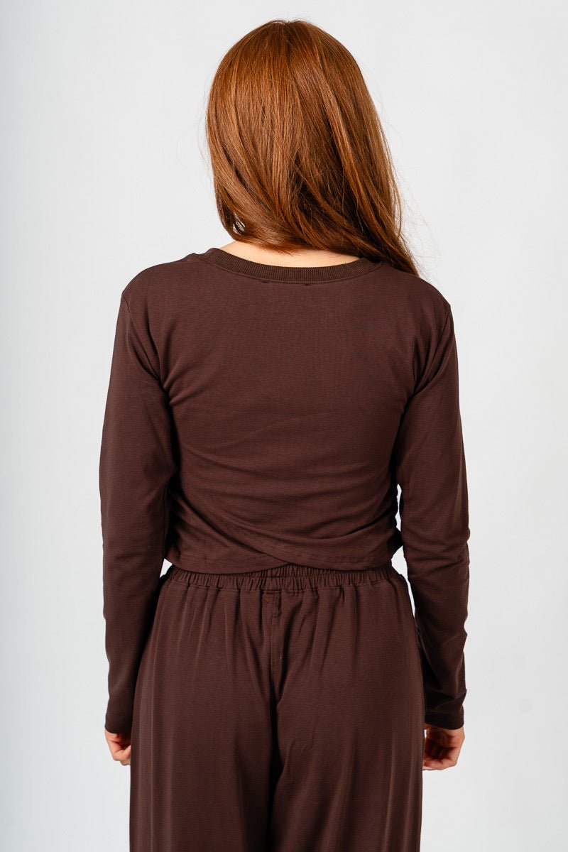 Long sleeve twist front top brown