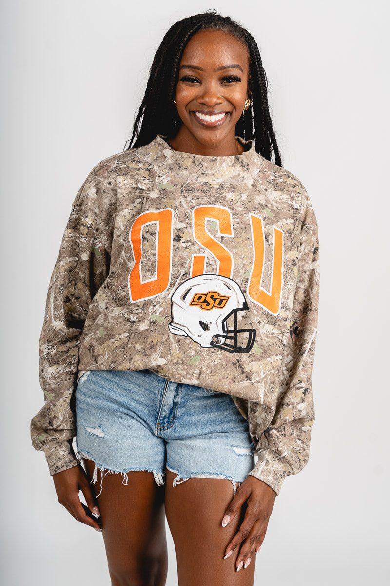 OSU OSU Cowboys helmet fade mock neck sweatshirt camo Sweatshirt | Lush Fashion Lounge Trendy Oklahoma State Cowboys Apparel & Cute Gameday T-Shirts
