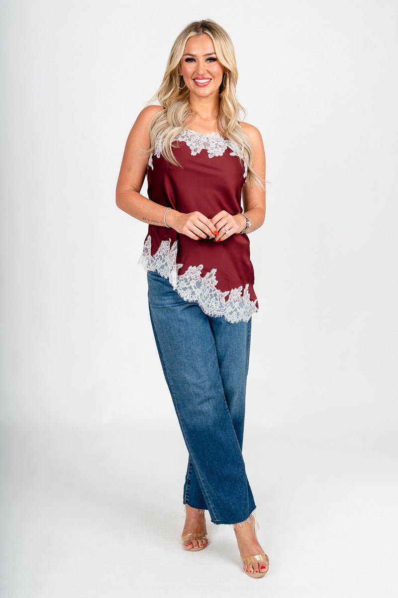 Asymmetrical lace trim tank top burgundy