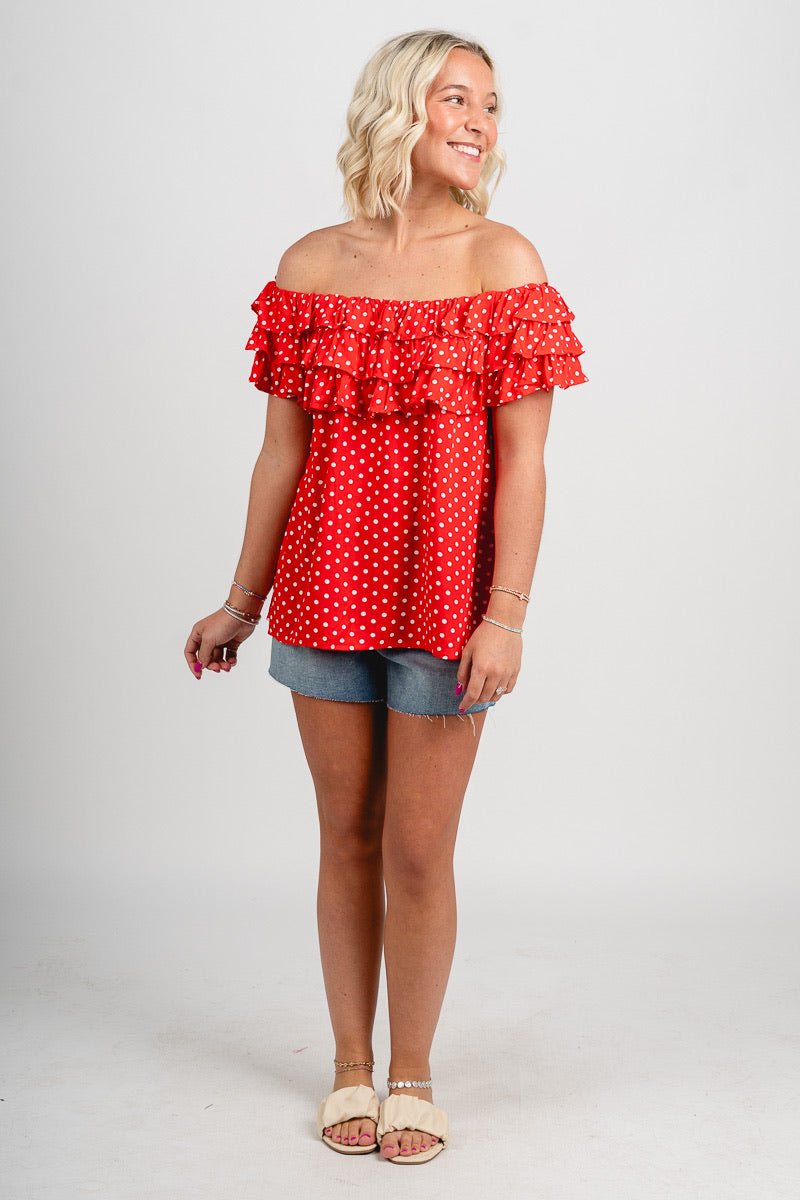 Off shoulder polka dot ruffle top red - Stylish top - Trendy American Summer Fashion at Lush Fashion Lounge Boutique in Oklahoma