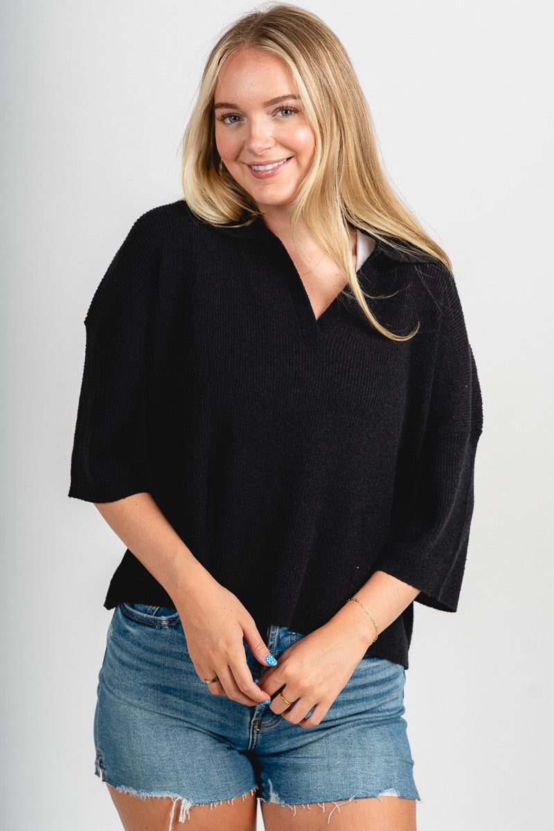 Collared short sleeve sweater washed black