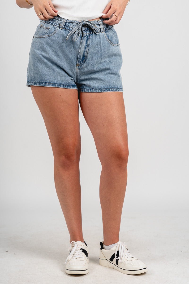 High rise tie waist denim shorts light denim - Affordable shorts - Boutique Shorts at Lush Fashion Lounge Boutique in Oklahoma City
