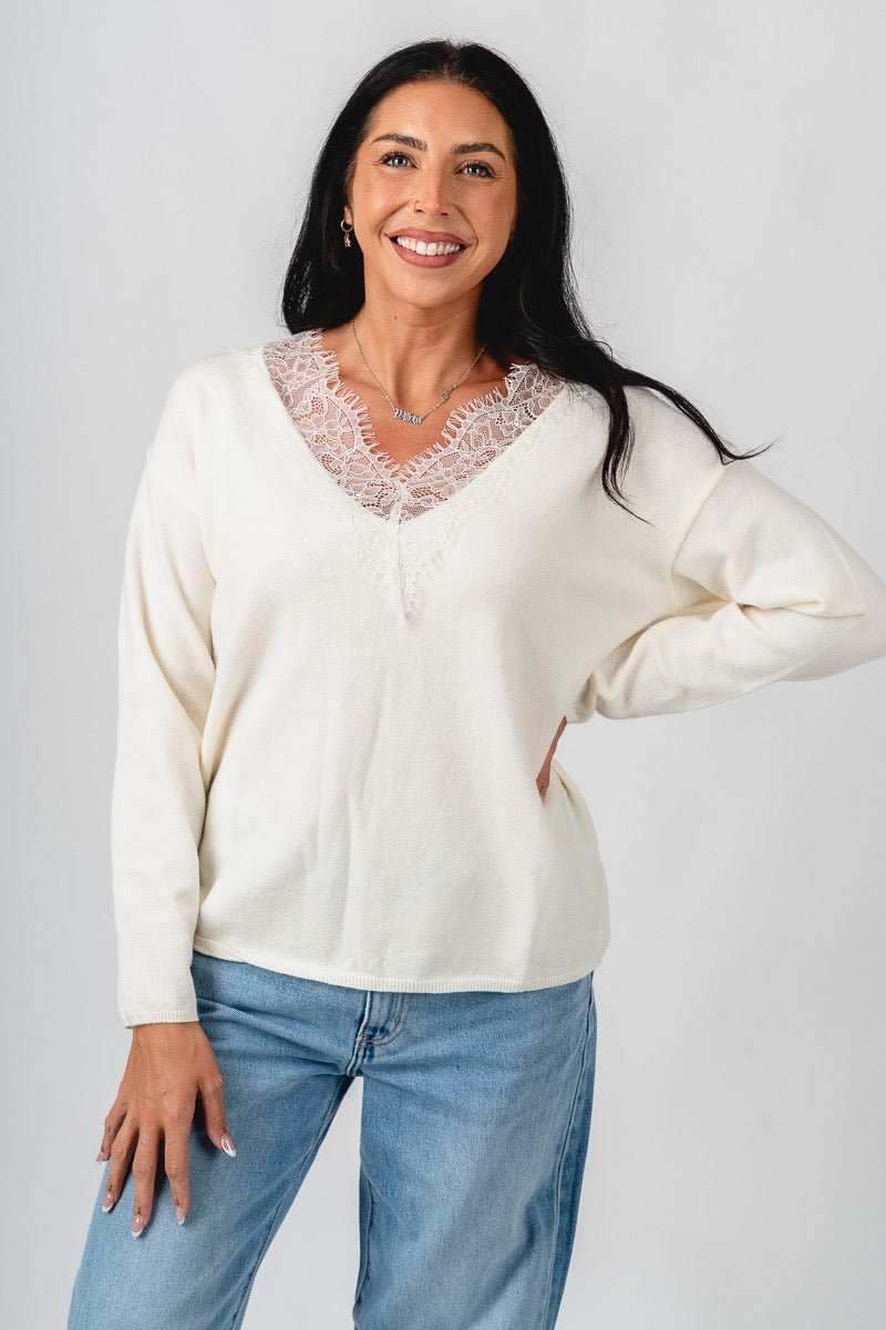 Lace trim sweater cream – Stylish Sweaters | Boutique Sweaters at Lush Fashion Lounge Boutique in Oklahoma City