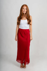 Satin lace trim maxi skirt crimson | Lush Fashion Lounge: boutique fashion skirts, affordable boutique skirts, cute affordable skirts