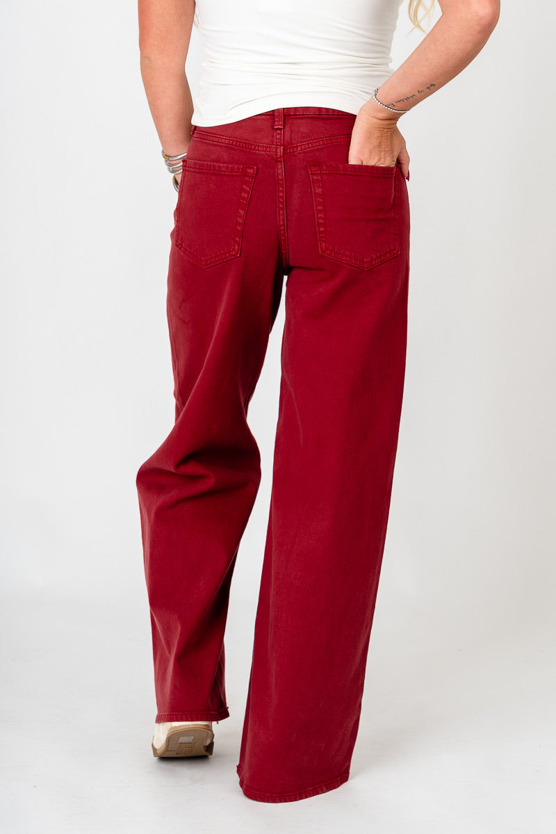 OU Just USA high rise palazzo wide leg jeans dark cherry jeans | Lush Fashion Lounge Trendy Oklahoma University Sooners Apparel & Cute Gameday T-Shirts