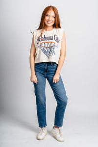 OKC basketball swoosh muscle tank cream - Oklahoma City inspired graphic t-shirts at Lush Fashion Lounge Boutique in Oklahoma City