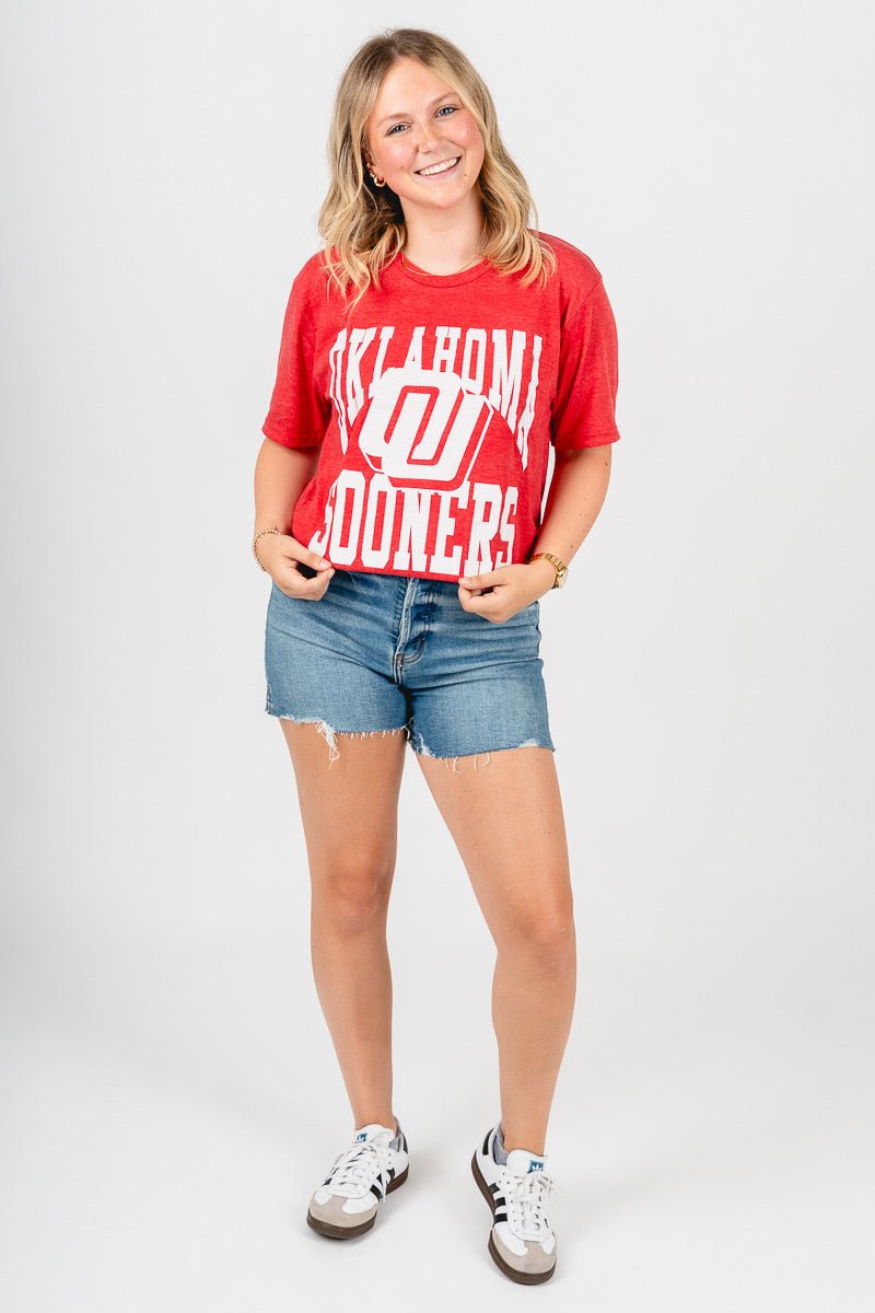 OU OU Sooners logo center unisex t-shirt red T-shirt | Lush Fashion Lounge Trendy Oklahoma University Sooners Apparel & Cute Gameday T-Shirts