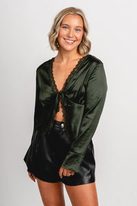 Lace trim satin tie top dark green - Trendy Holiday Apparel at Lush Fashion Lounge Boutique in Oklahoma City