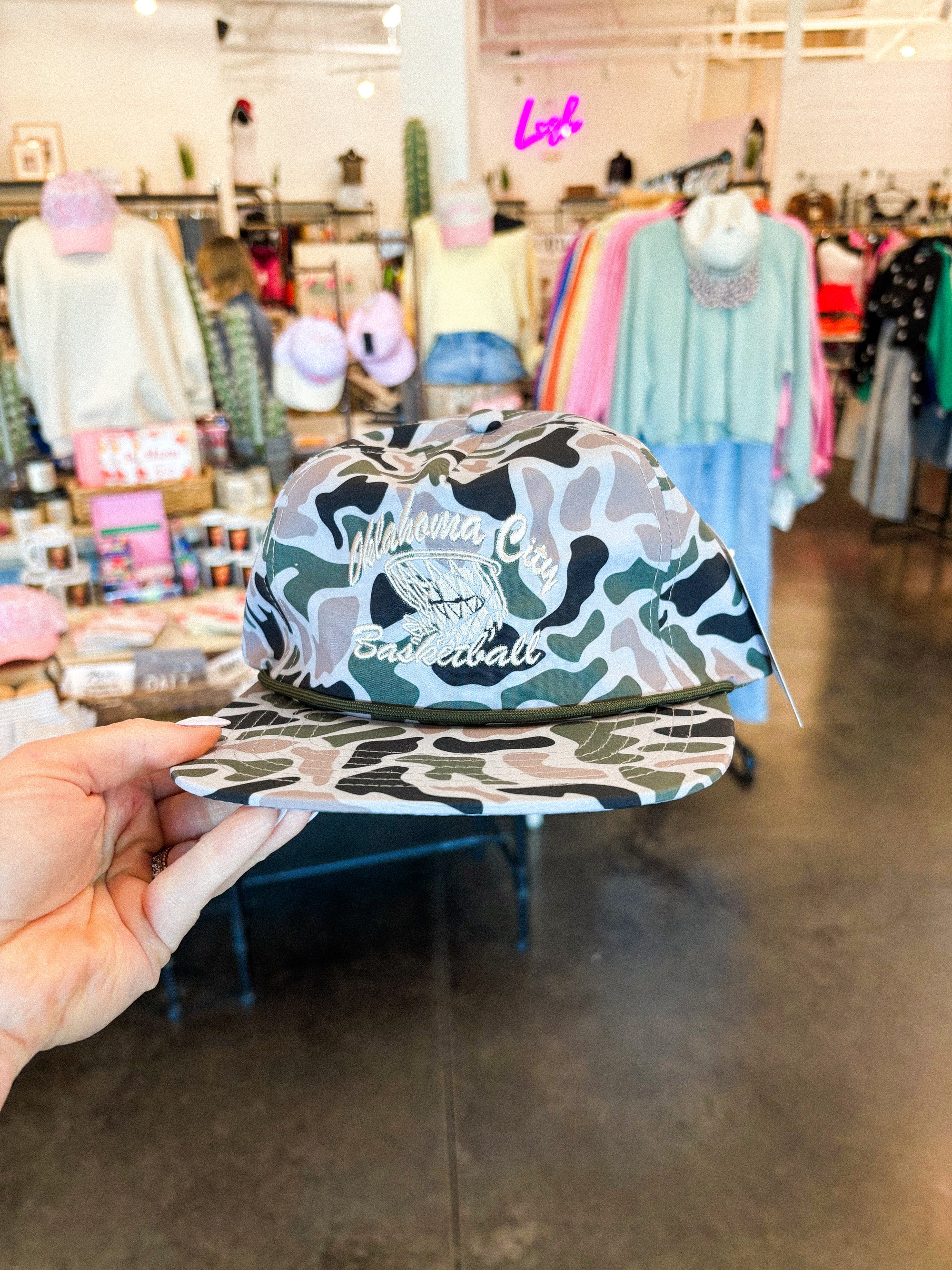 OKC basketball swish camo rope hat