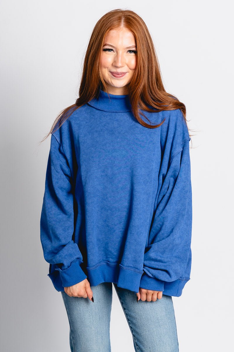 Mock neck sweatshirt royal blue - Trendy OKC Apparel at Lush Fashion Lounge Boutique in Oklahoma City