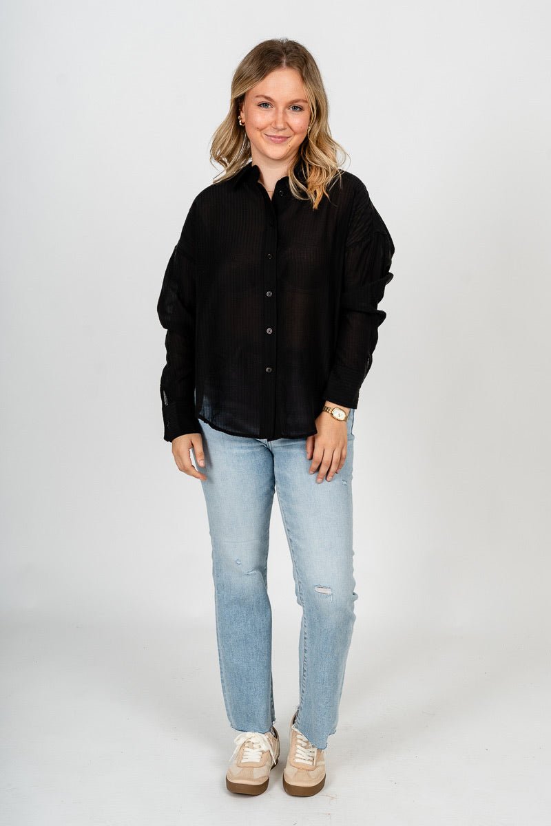 Sheer button up collared blouse black