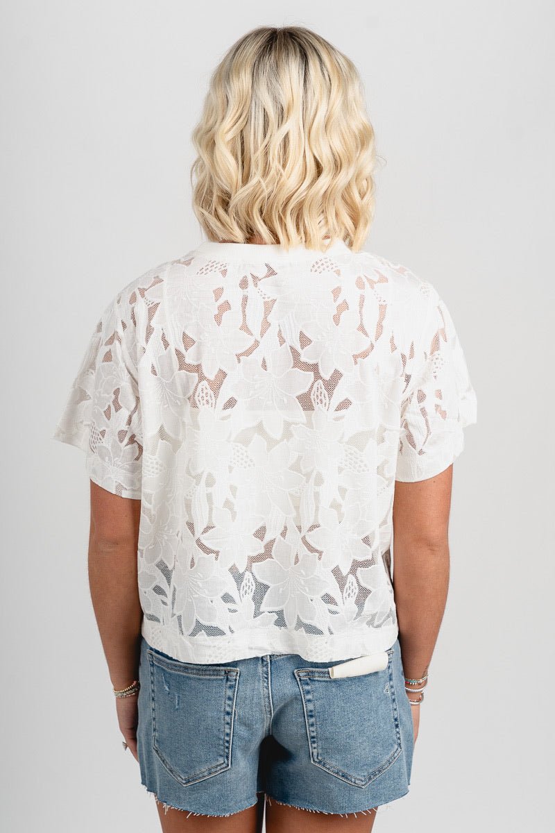 Short sleeve floral lace top off white