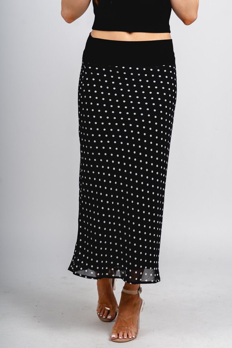 Polka dot midi skirt black/white | Lush Fashion Lounge: boutique fashion skirts, affordable boutique skirts, cute affordable skirts