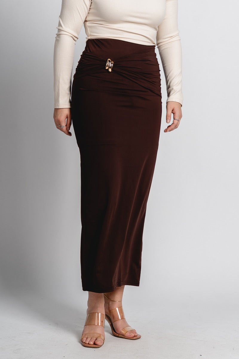 Ruched maxi skirt espresso | Lush Fashion Lounge: boutique fashion skirts, affordable boutique skirts, cute affordable skirts