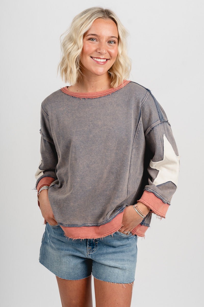 Stars mineral wash sweatshirt vintage navy - Cute top - Fun American Summer Outfits at Lush Fashion Lounge Boutique in Oklahoma City