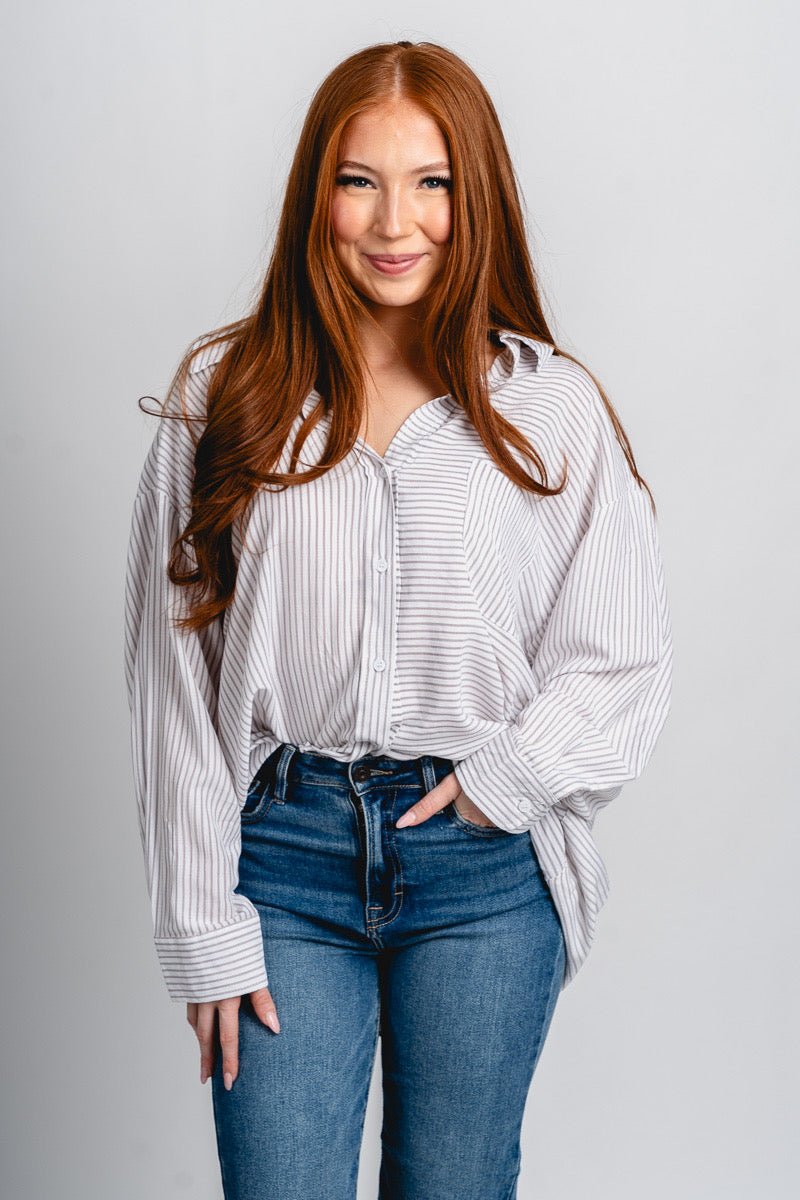 Striped button down blouse light beige