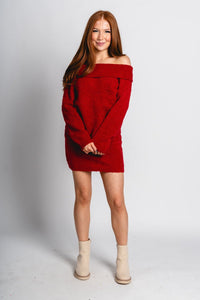 Off shoulder fuzzy sweater ruby red - Trendy Sweaters | Cute Pullover Sweaters at Lush Fashion Lounge Boutique in Oklahoma City