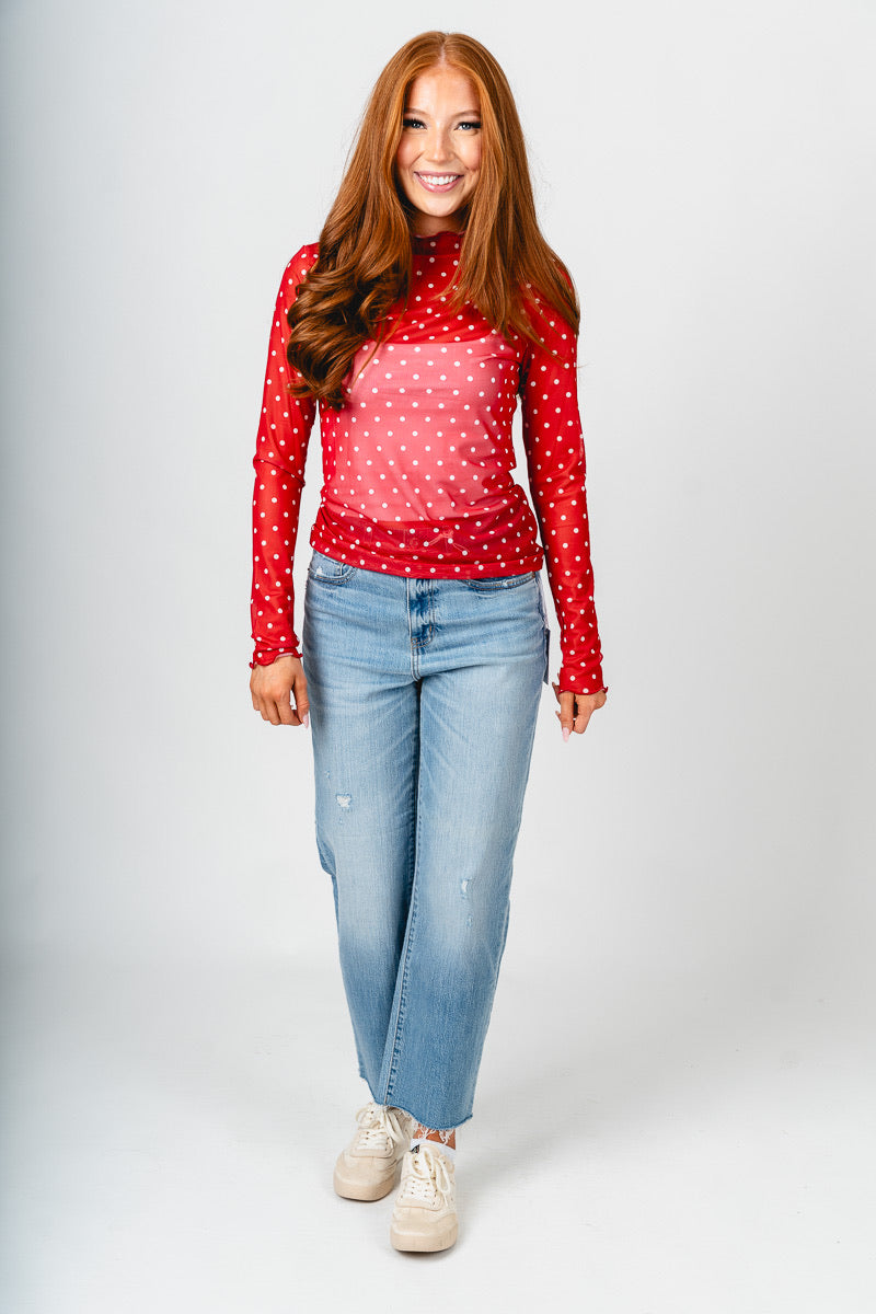Polka dot long sleeve mesh top red/white