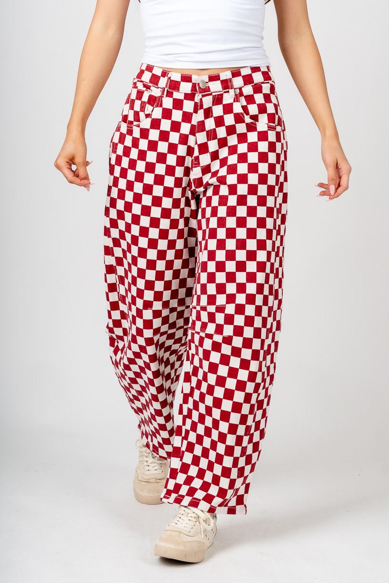 Checkered barrel jeans crimson