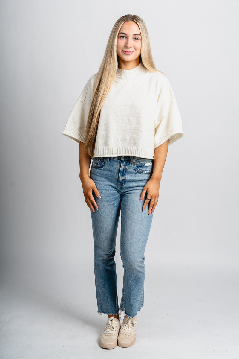 Short sleeve mock neck sweater off white