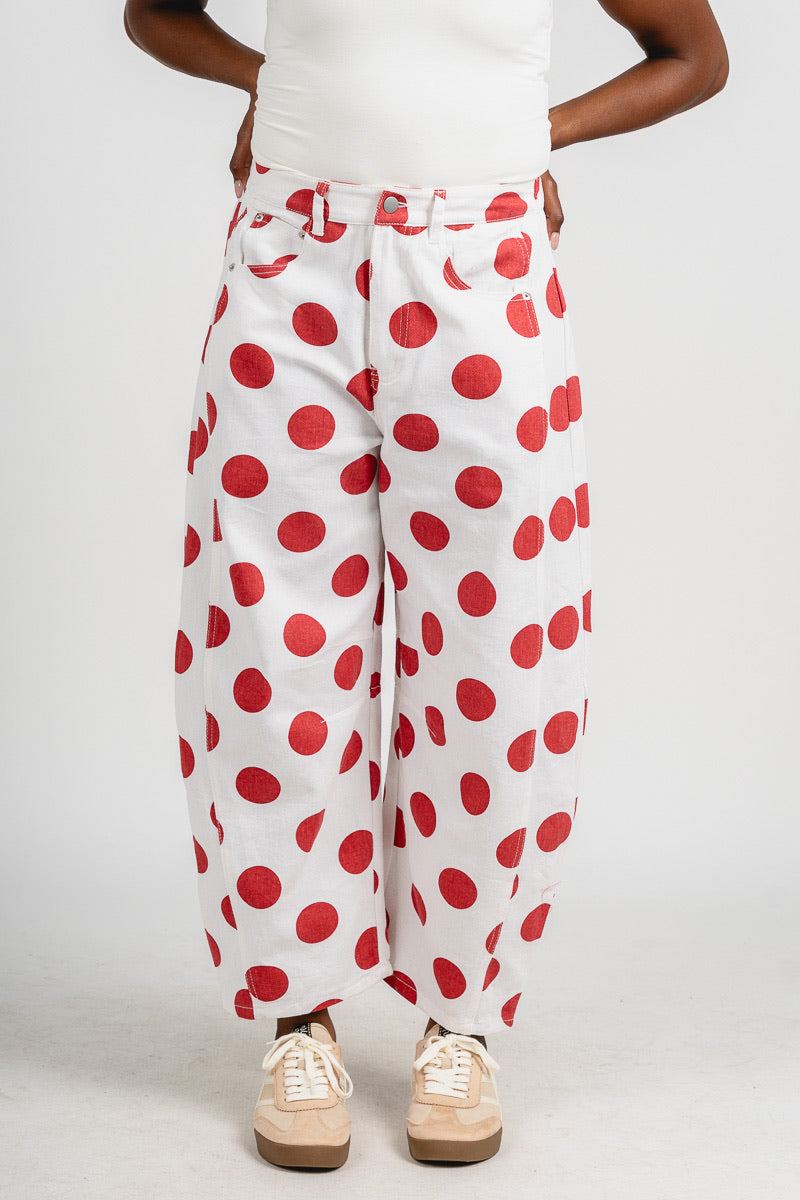 Polka dot barrel jeans white/red | Lush Fashion Lounge: boutique women's jeans, fashion jeans for women, affordable fashion jeans, cute boutique jeans