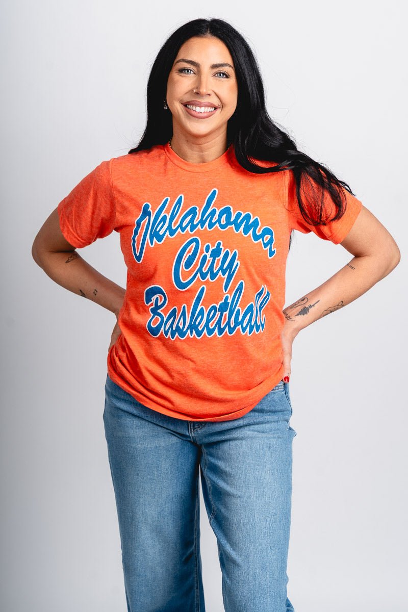 OKC basketball script unisex t-shirt orange - Trendy OKC Apparel at Lush Fashion Lounge Boutique in Oklahoma City