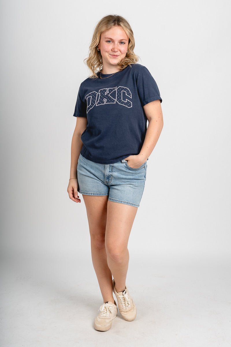 OKC block polka dot Ellie t-shirt navy - Oklahoma City inspired graphic t-shirts at Lush Fashion Lounge Boutique in Oklahoma City