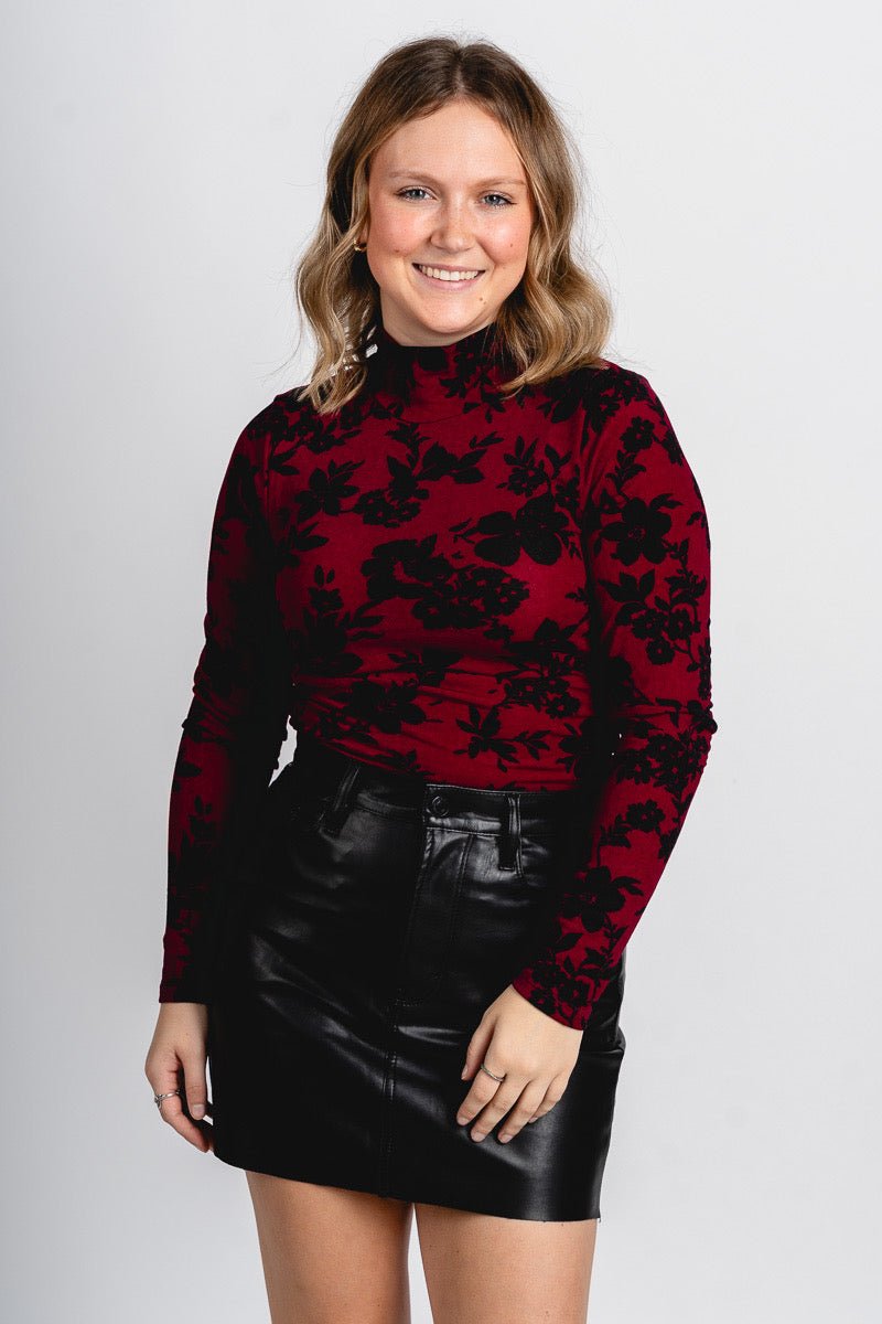 Floral mock neck bodysuit dark magenta - Affordable Bodysuit - Boutique Bodysuits at Lush Fashion Lounge Boutique in Oklahoma City