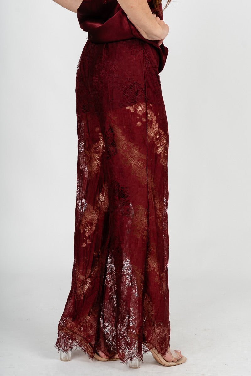 Lace wide leg pants burgundy | Lush Fashion Lounge: women's boutique pants, boutique women's pants, affordable boutique pants, women's fashion pants