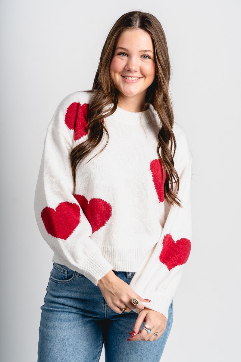 Heart print sweater cream - Trendy T-Shirts for Valentine's Day at Lush Fashion Lounge Boutique in Oklahoma City