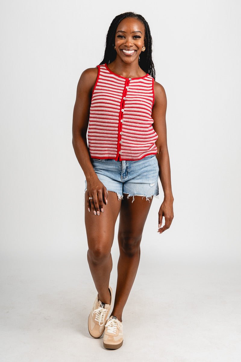 Striped crochet sleeveless sweater red/cream
